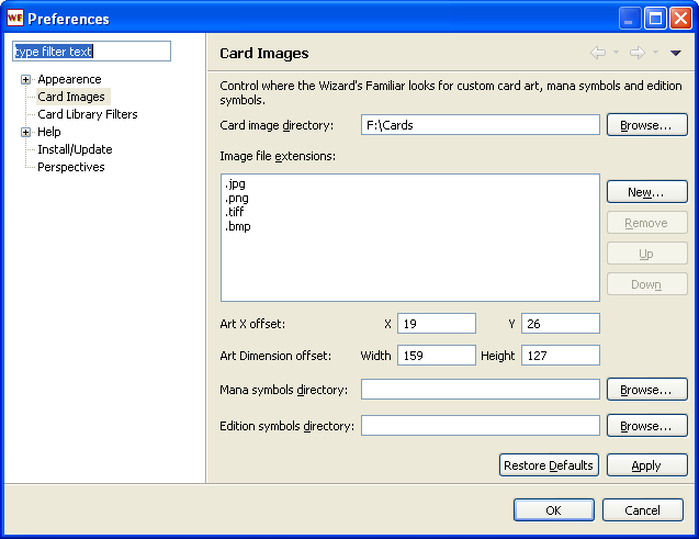 Preferences for showing card images in Card Information views