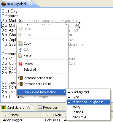 Deck editor shows additional card information