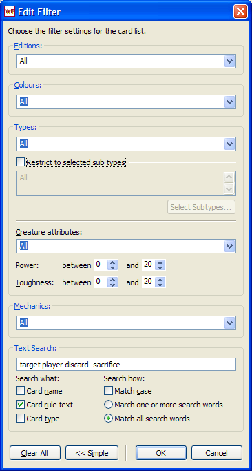 Card Library Filter Edit Dialog - Advanced