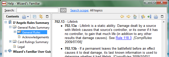 Help window showing lifelink rules