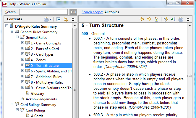 Help window showing rules